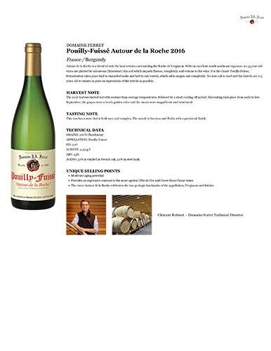 Pouilly-Fuissé Autour de la Roche 2016 Fact Sheet