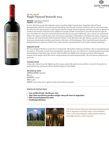 Single Vineyard Serenade 2014 Fact Sheet