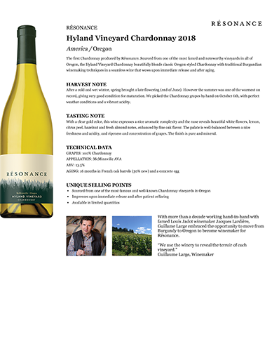 Hyland Vineyard Chardonnay 2018 Fact Sheet