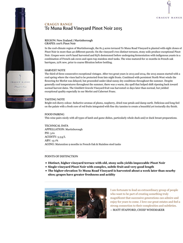 Te Muna Road Vineyard Pinot Noir 2015 Fact Sheet