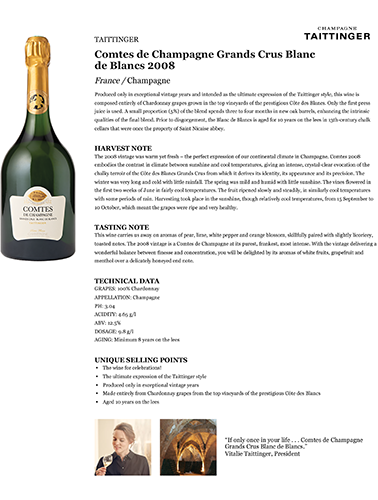 Comtes de Champagne Grands Crus Blanc de Blancs 2008 Fact Sheet