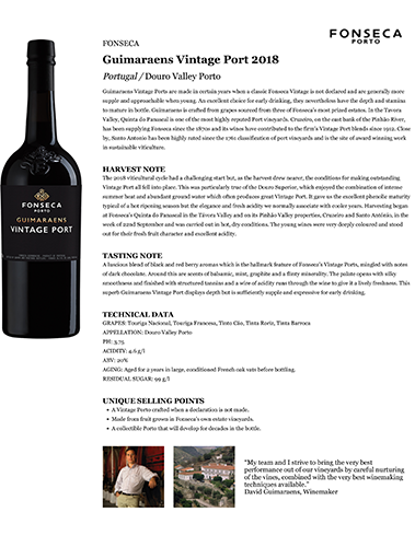 Guimaraens Vintage Port 2018 Fact Sheet