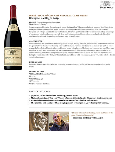 Beaujolais-Villages 2019 Fact Sheet