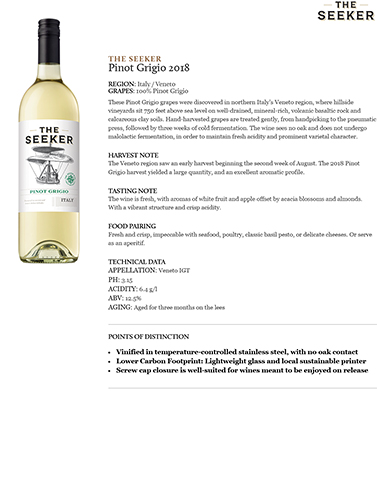 Pinot Grigio 2018 Fact Sheet