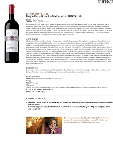 Poggio Doria Brunello di Montalcino DOCG 2016 Fact Sheet