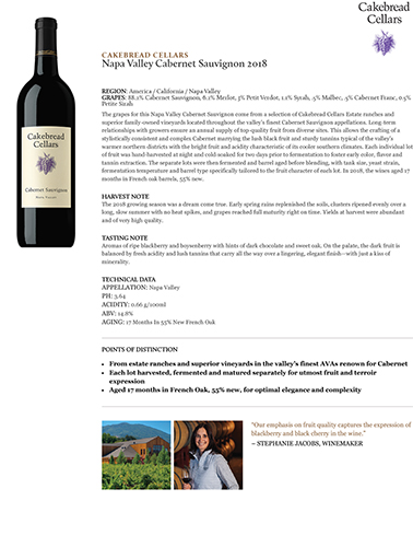 Napa Valley Cabernet Sauvignon 2018 Fact Sheet