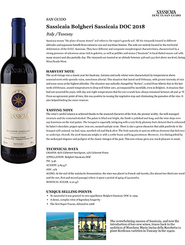 Sassicaia Bolgheri Sassicaia DOC 2018 Fact Sheet