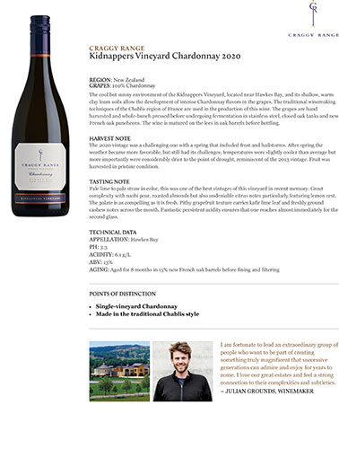 Kidnappers Vineyard Chardonnay 2020 Fact Sheet