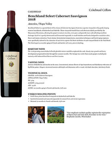 Benchland Select Cabernet Sauvignon 2018 Fact Sheet