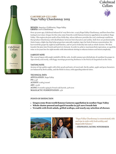 Napa Valley Chardonnay 2019 Fact Sheet