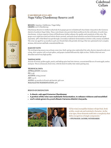 Napa Valley Chardonnay Reserve 2018 Fact Sheet
