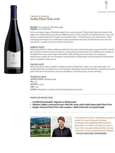 Aroha Pinot Noir 2016 Fact Sheet