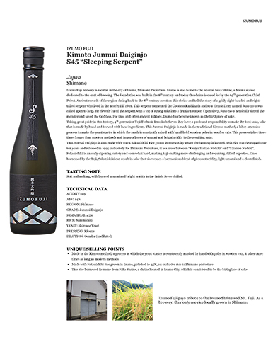 Kimoto Junmai Daiginjo S45 “Sleeping Serpent” Fact Sheet