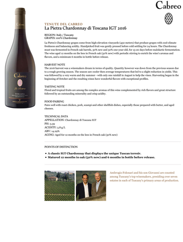 La Pietra Chardonnay di Toscana IGT 2016 Fact Sheet