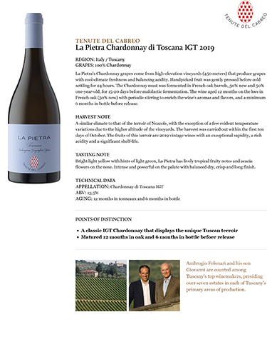 La Pietra Chardonnay di Toscana IGT 2019 Fact Sheet
