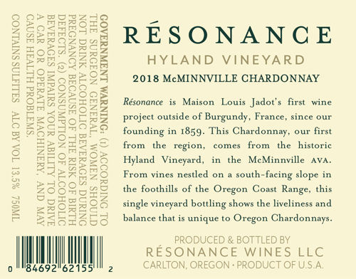 Hyland Vineyard Chardonnay 2018 Back Label