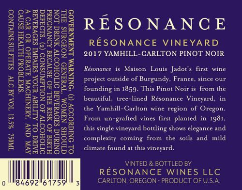 Résonance Vineyard Pinot Noir 2017 Back Label