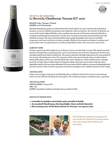 Le Bruniche Chardonnay Toscana IGT 2020 Fact Sheet