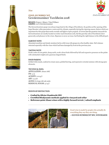 Gewürztraminer Turckheim 2018 Fact Sheet