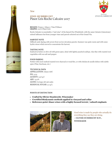 Pinot Gris Roche Calcaire 2017 Fact Sheet