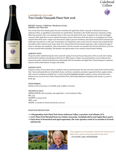 Two Creeks Vineyards Pinot Noir 2016 Fact Sheet