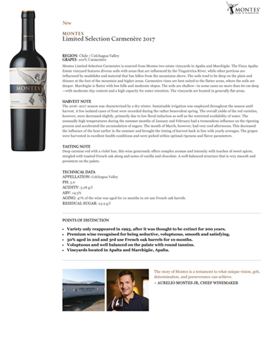 Limited Selection Carmenère 2017 Fact Sheet