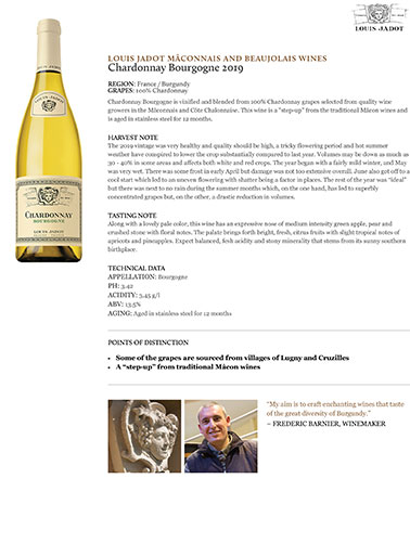 Chardonnay Bourgogne 2019 Fact Sheet