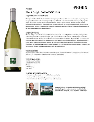 Pinot Grigio Collio DOC 2021 Fact Sheet