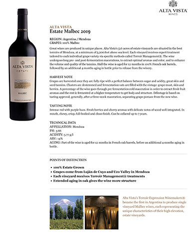 Estate Malbec 2019 Fact Sheet