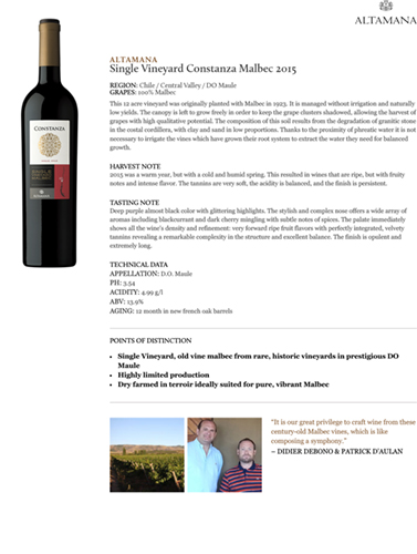 Single Vineyard Constanza Malbec 2015 Fact Sheet