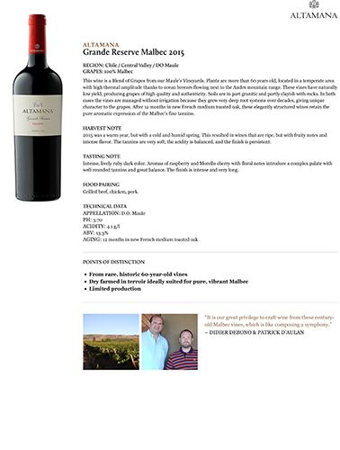 Grande Reserve Malbec 2015 Fact Sheet