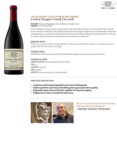 Corton-Pougets Grand Cru 2018 Fact Sheet