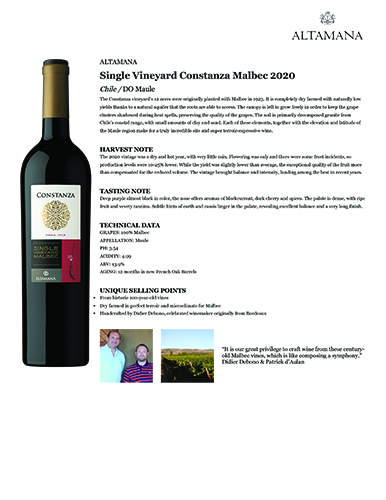 Single Vineyard Constanza Malbec 2020 Fact Sheet