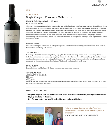 Single Vineyard Constanza Malbec 2012 Fact Sheet