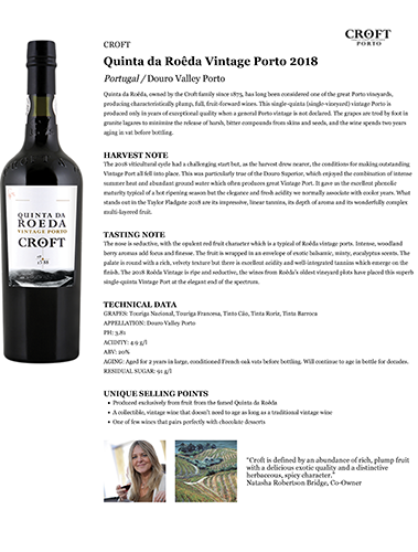 Quinta da Roêda Vintage Porto 2018 Fact Sheet