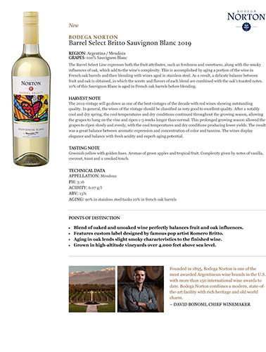 Barrel Select Britto Sauvignon Blanc 2019 Fact Sheet