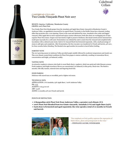 Two Creeks Vineyards Pinot Noir 2017 Fact Sheet