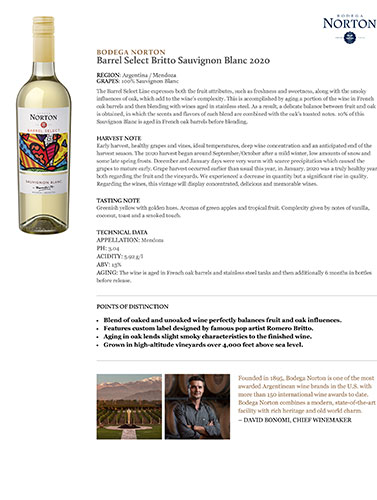 Barrel Select Britto Sauvignon Blanc 2020 Fact Sheet