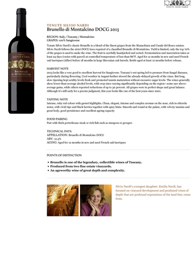 Brunello di Montalcino DOCG 2013 Fact Sheet