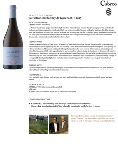 La Pietra Chardonnay di Toscana IGT 2017 Fact Sheet