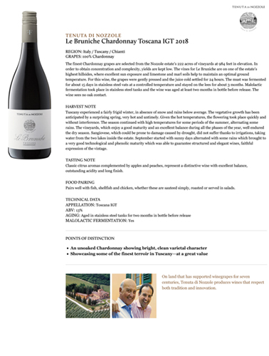 Le Bruniche Chardonnay Toscana IGT 2018 Fact Sheet