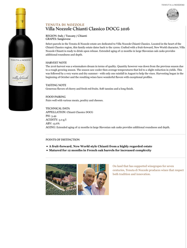 Villa Nozzole Chianti Classico DOCG 2016 Fact Sheet