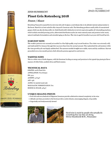 Pinot Gris Rotenberg 2018 Fact Sheet