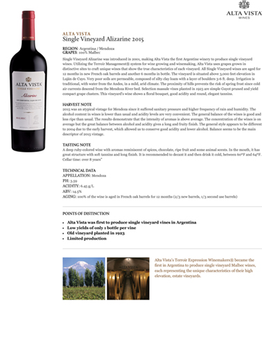 Single Vineyard Alizarine 2015 Fact Sheet