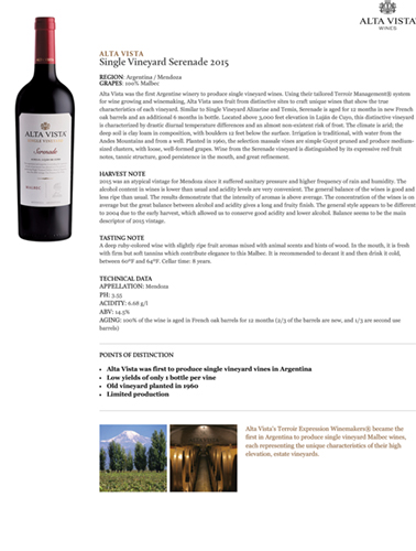 Single Vineyard Serenade 2015 Fact Sheet