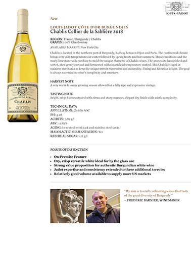 Chablis Cellier de la Sablière 2018 Fact Sheet