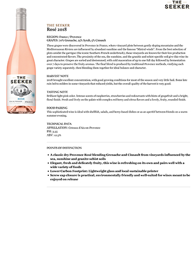 The Seeker Rosé 2018 Fact Sheet