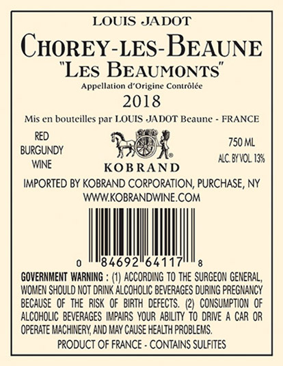 Chorey les Beaune Beaumonts 2018 Back Label