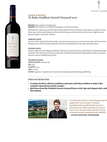 Te Kahu Gimblett Gravels Vineyard 2017 Fact Sheet