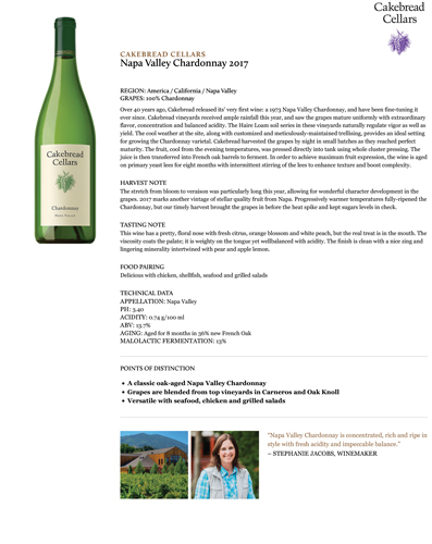 Napa Valley Chardonnay 2017 Fact Sheet